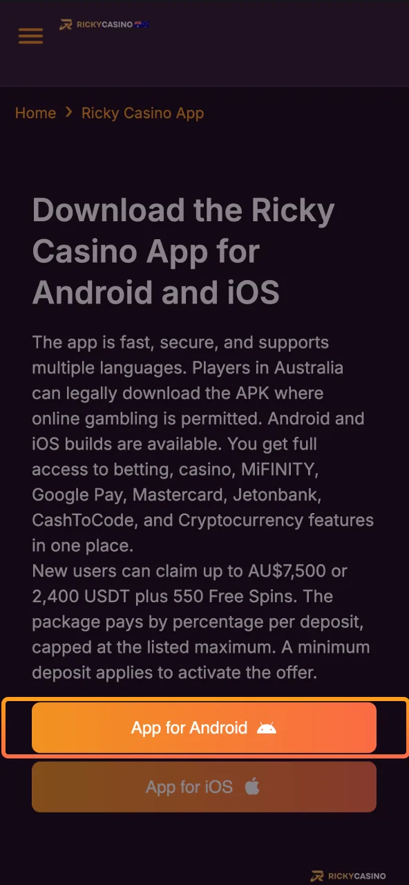 Download Ricky Casino APK by opening page and tapping link.