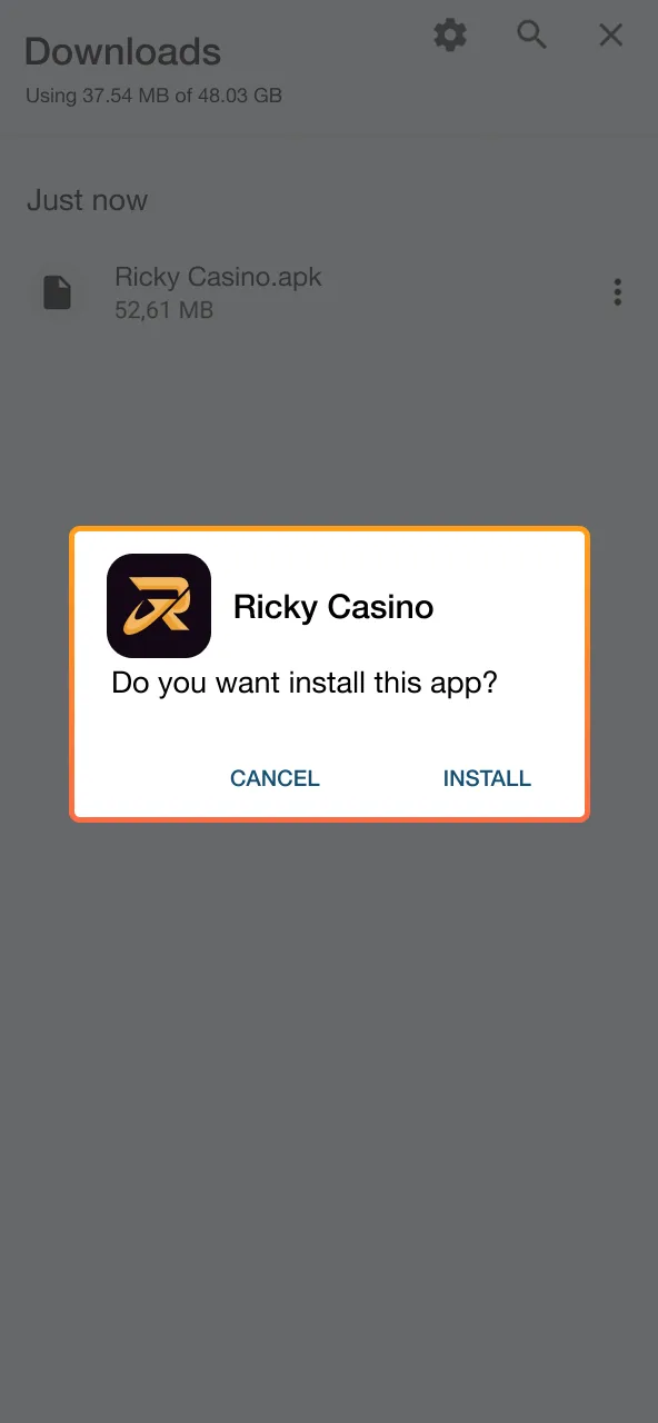 Ricky Casino installation requires starting and completing APK file download.