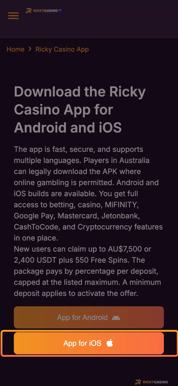 Tap button below to start Ricky Casino iOS download from official page.
