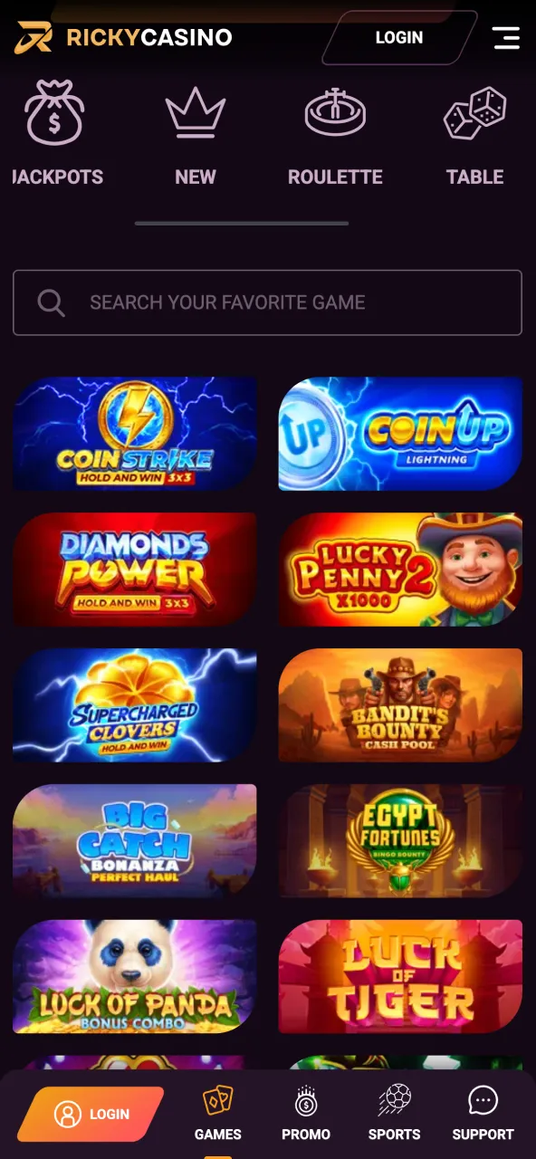 Dynamic casino section highlighting Ricky Casino’s extensive game collection.