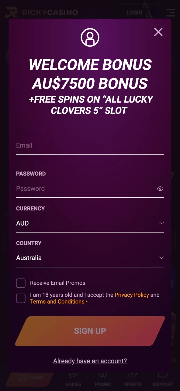 Join our site through the Ricky Casino registration page.