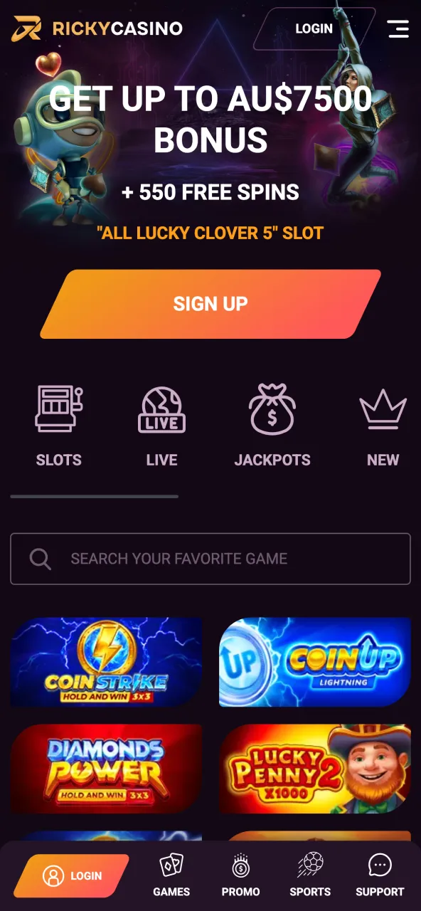 Digital front page centered on Ricky Casino.