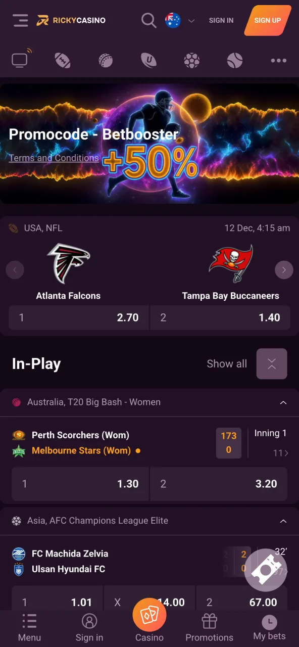 Sports section featuring live events at Ricky Casino.