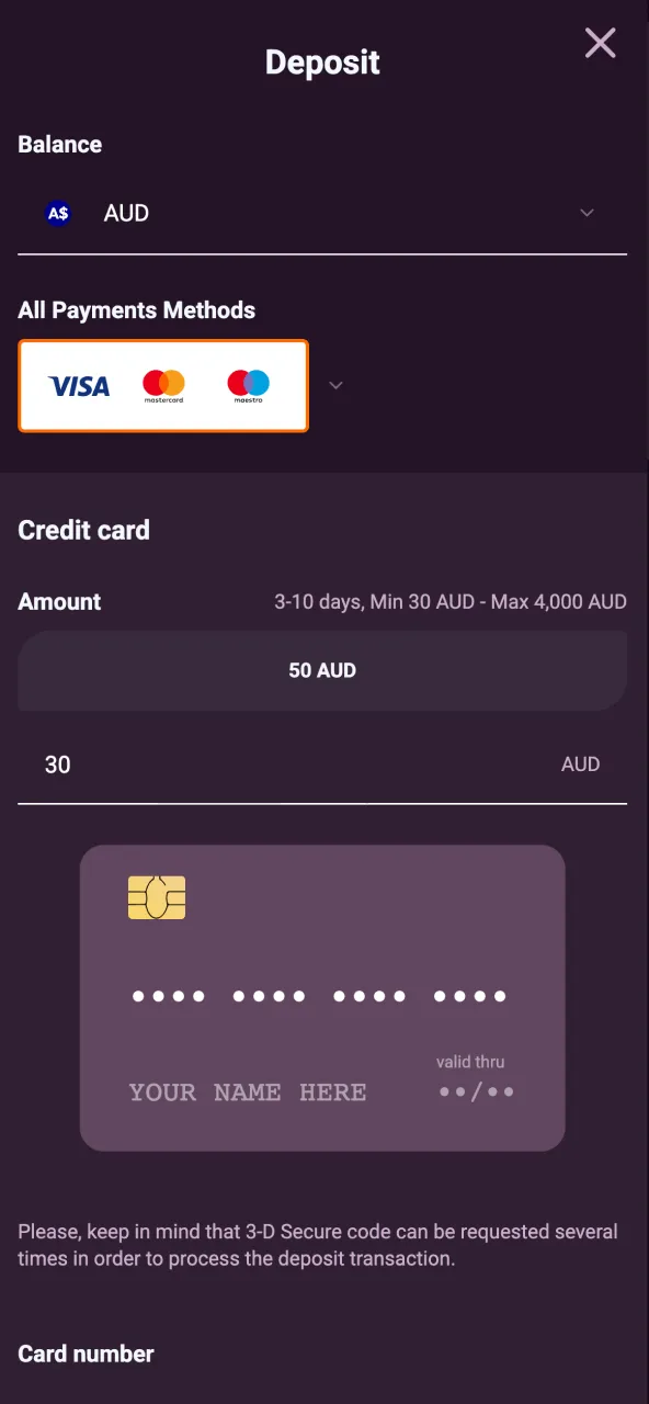 Select currency and confirm deposit amount at Ricky Casino.