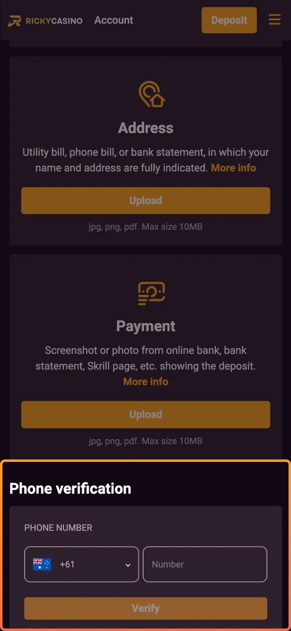 Wait for Ricky Casino account status update via email.