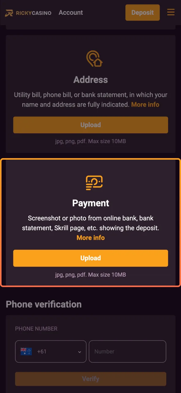 Ricky Casino ensures payment check with masked card photo.