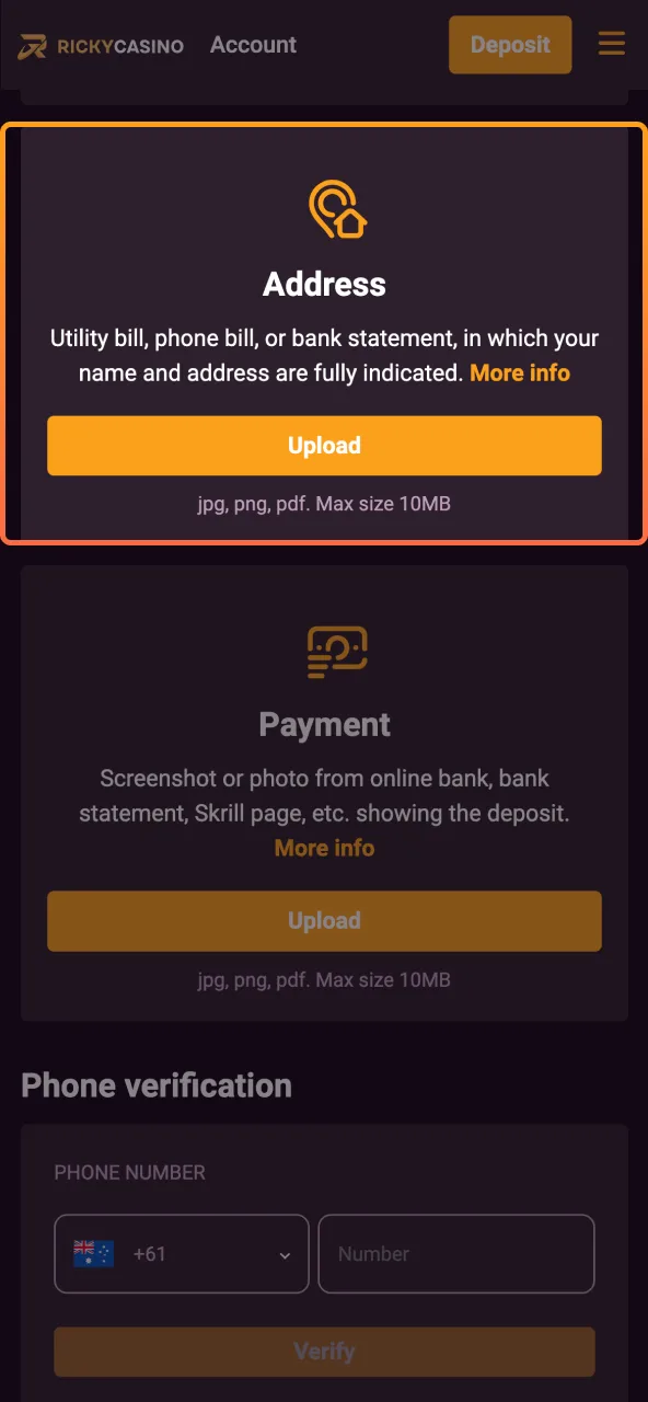 Ricky Casino requires recent bill or statement for address proof.