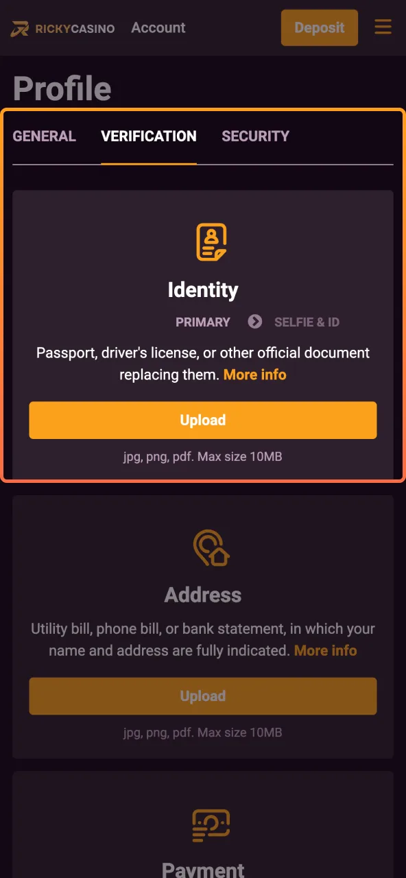 Provide official ID documents to Ricky Casino for proof.