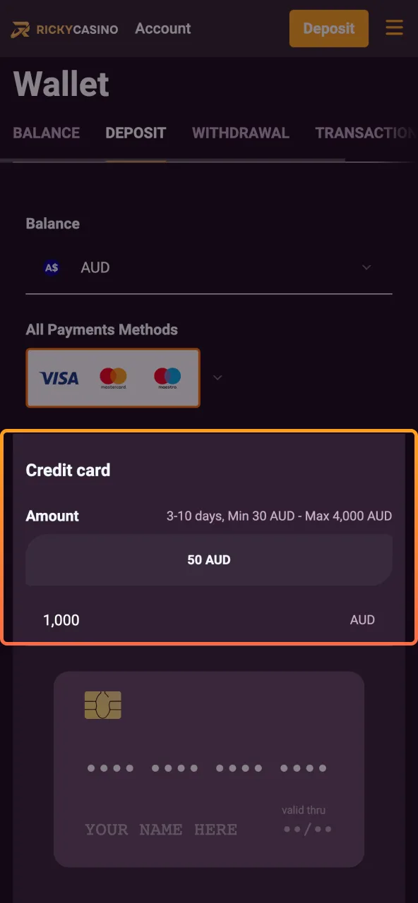 Type chosen amount within limits at Ricky Casino deposit screen.
