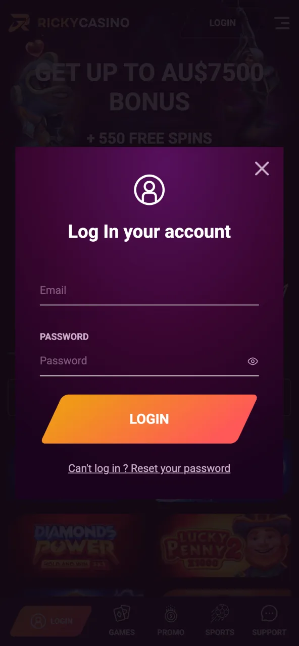 Log in to Ricky Casino site or app to access your account.