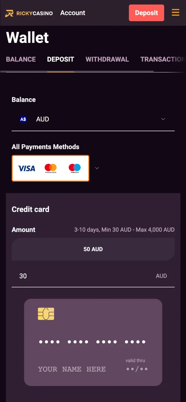 Choose preferred payment method in Ricky Casino cashier deposit section.