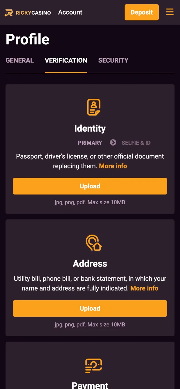Ricky Casino verification section accepts ID and address for faster payouts.