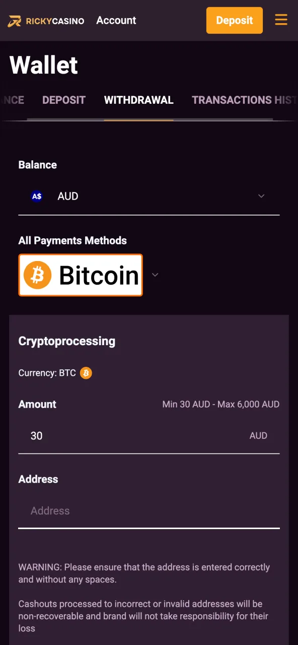 Choose withdrawal option in Ricky Casino cashier that matches your deposit.