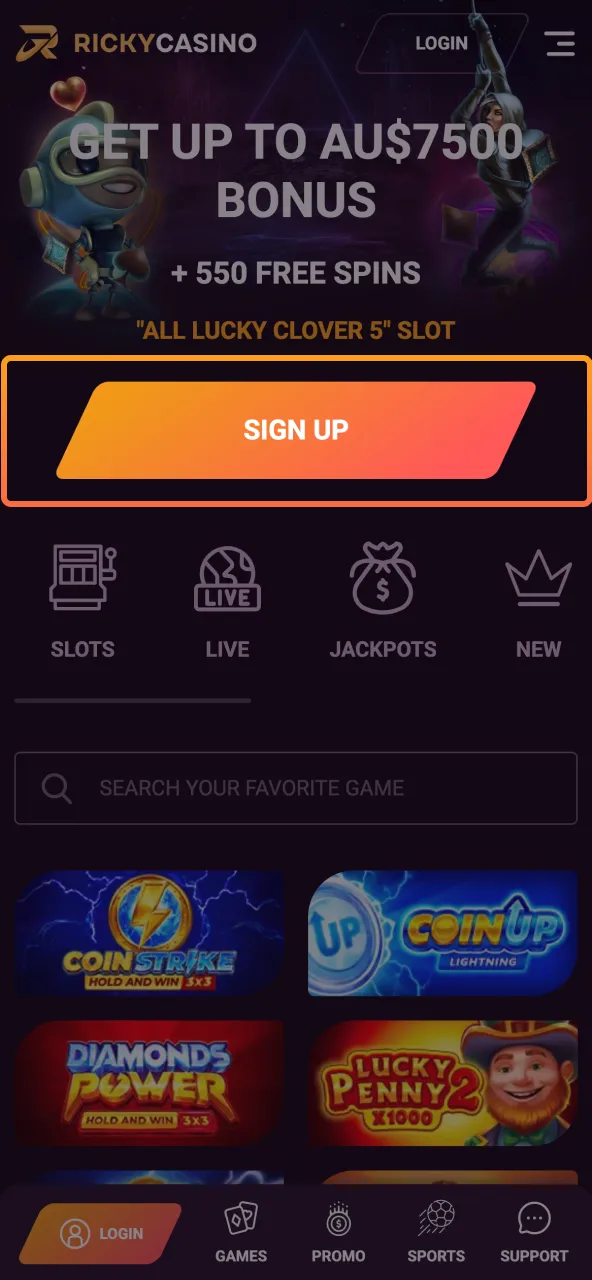 Start Ricky Casino account by tapping Create on the app home screen.