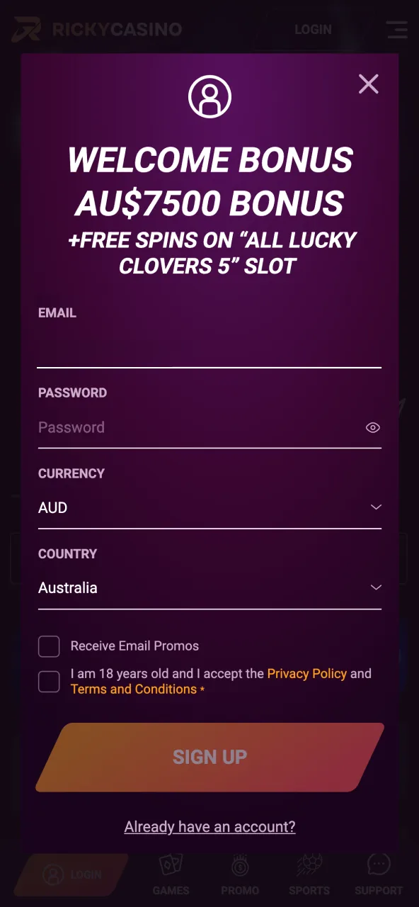 Pick Ricky Casino sign in method via email, mobile, or social account.