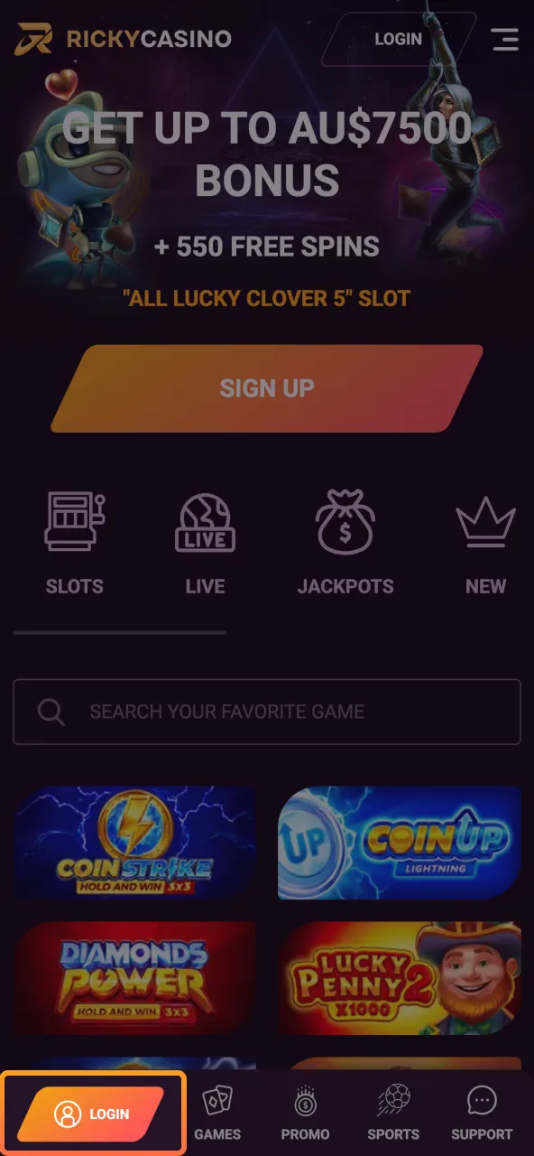Tap Log In on Ricky Casino app or website to enter account.