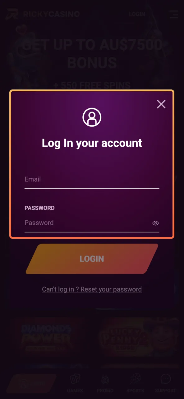 Enter Ricky Casino login details with email or mobile and password.