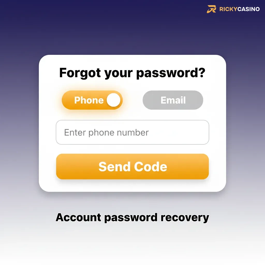 Login screen showing password recovery steps: tap Forgot password, choose email/SMS, verify identity, set a new password.