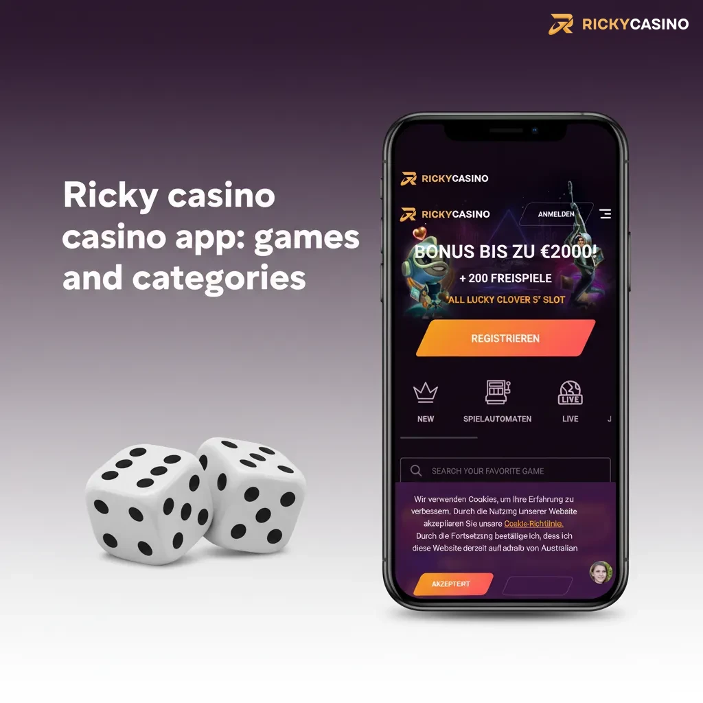 Ricky Casino app screen showing 4,000+ games and categories: Pokies, Live Casino, Table Games, Jackpots, Instant & Crash.