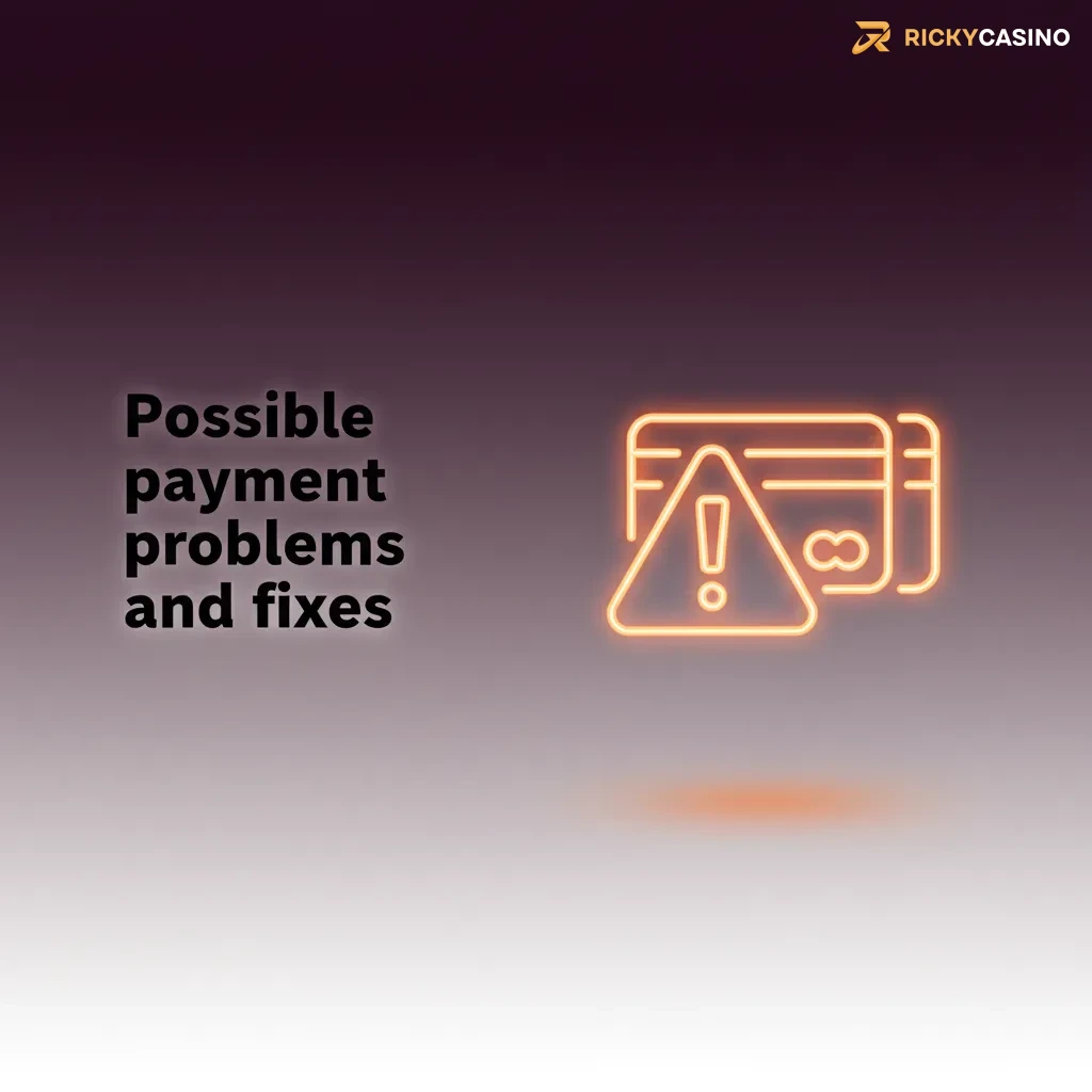 Help page showing payment problems and fixes: card declined, deposit delay, bonus locked, limits, wrong crypto chain