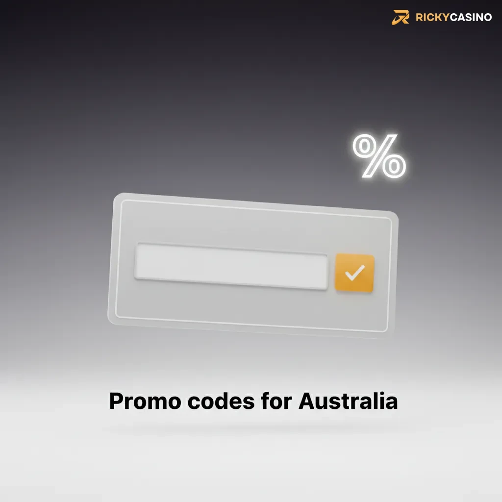 Australia promo codes: RICKYAU - casino bundle; RICKYSPINS - free spins; RICKYSPORT - sports bet credit. Steps shown.