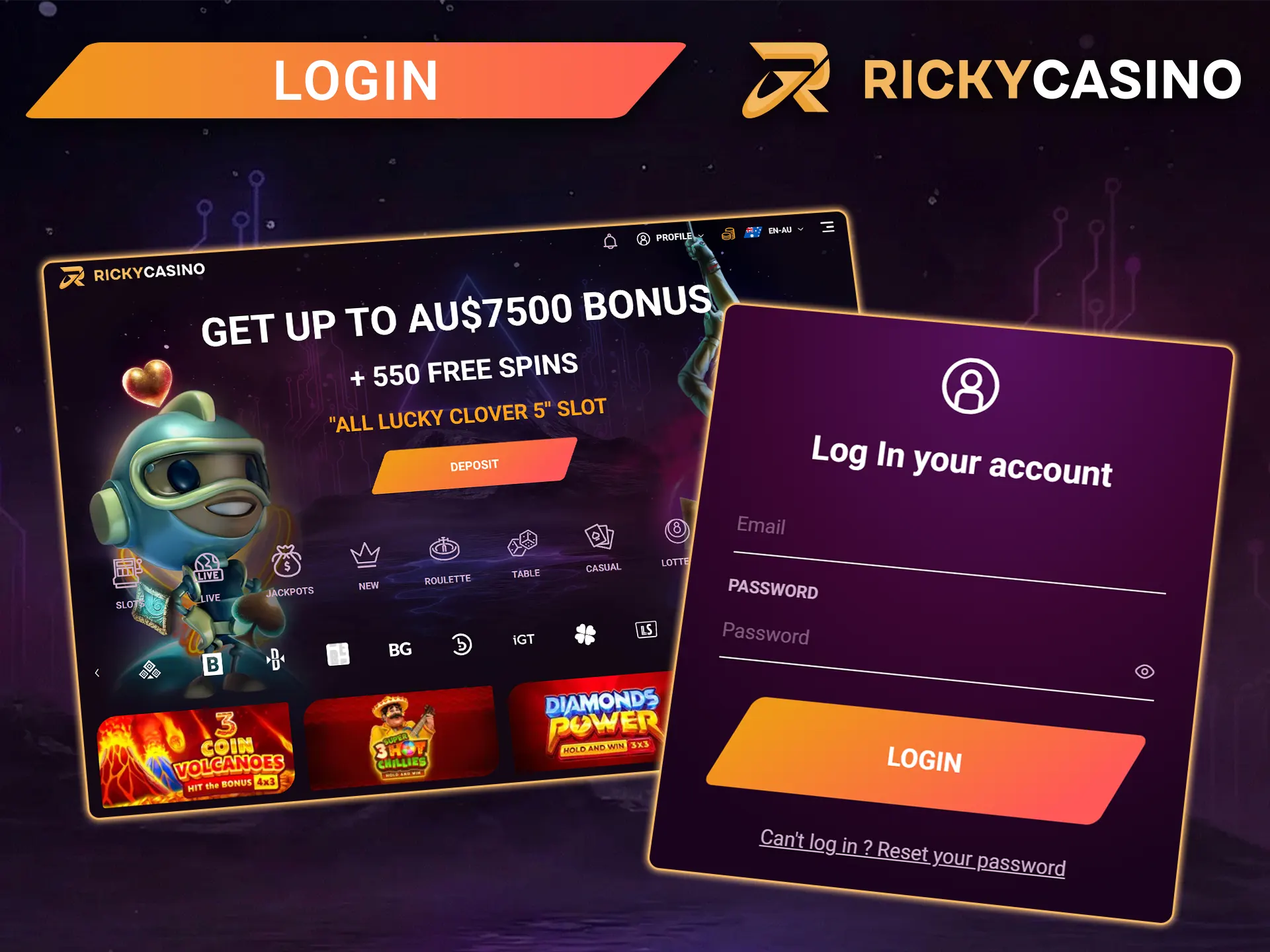Log in to your Ricky Casino account and start playing.