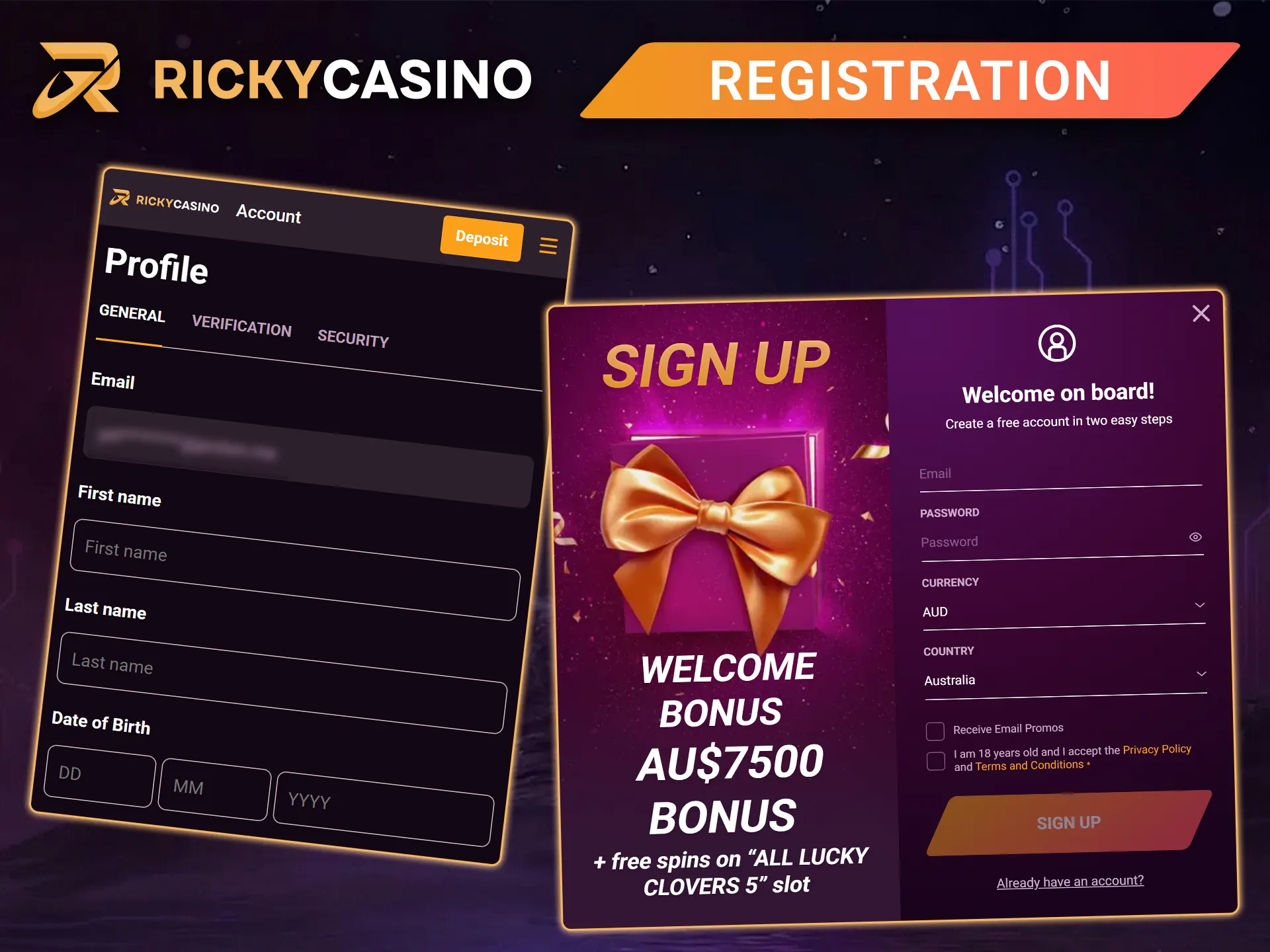 Create a new gaming account at Ricky Casino.